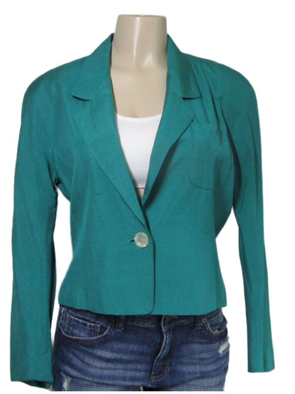 VTG Anne Klein 100% silk 80s 90s  Cropped fitted Blazer Jacket Green Career 10